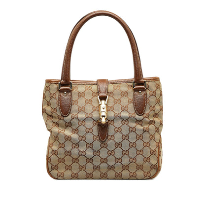 Tan Gucci GG Canvas Jackie Piston Lock Tote Bag