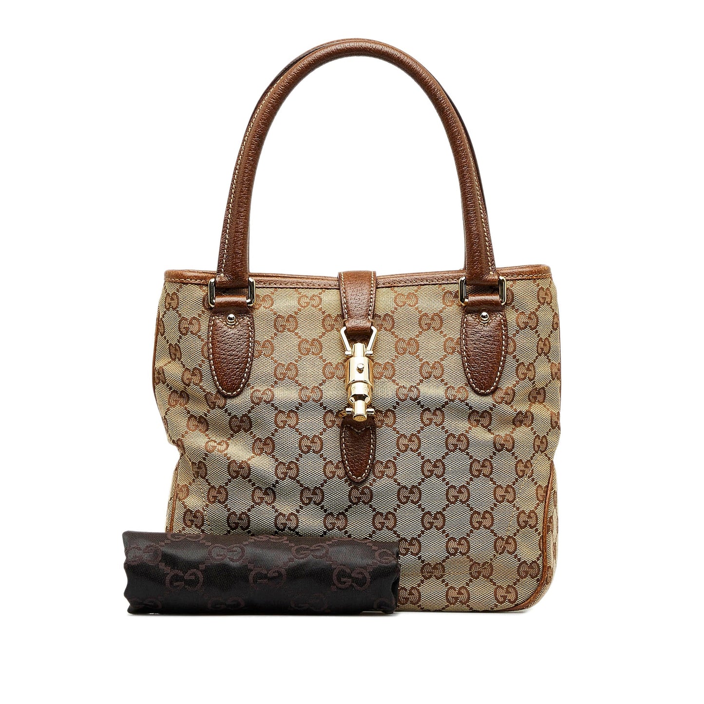 Tan Gucci GG Canvas Jackie Piston Lock Tote Bag