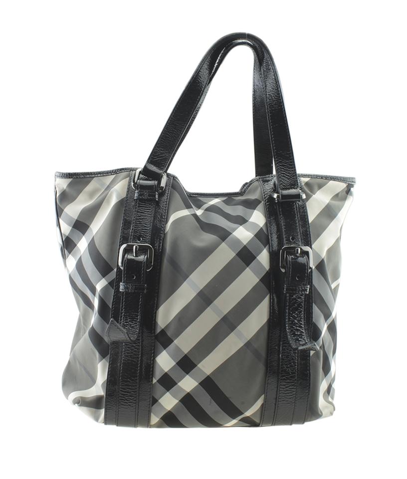 Burberry Nova Check Grey & Black Patient Leather Tote Greyxblack Canvas Tote