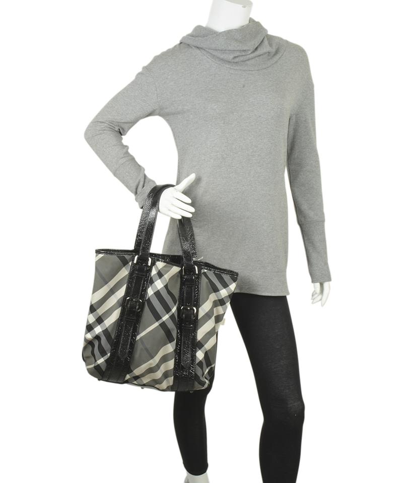 Burberry Nova Check Grey & Black Patient Leather Tote Greyxblack Canvas Tote