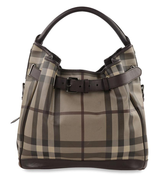 Burberry Smoke Check Medium Walden Belted Trench Brown Canvas Hobo Bag