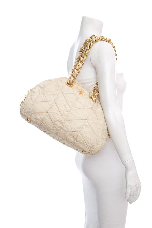 Prada Cream Quilted Puff Nylon Handbag