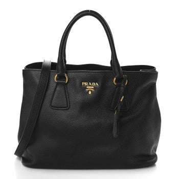 PRADA Black Vitello Daino Satchel Rame