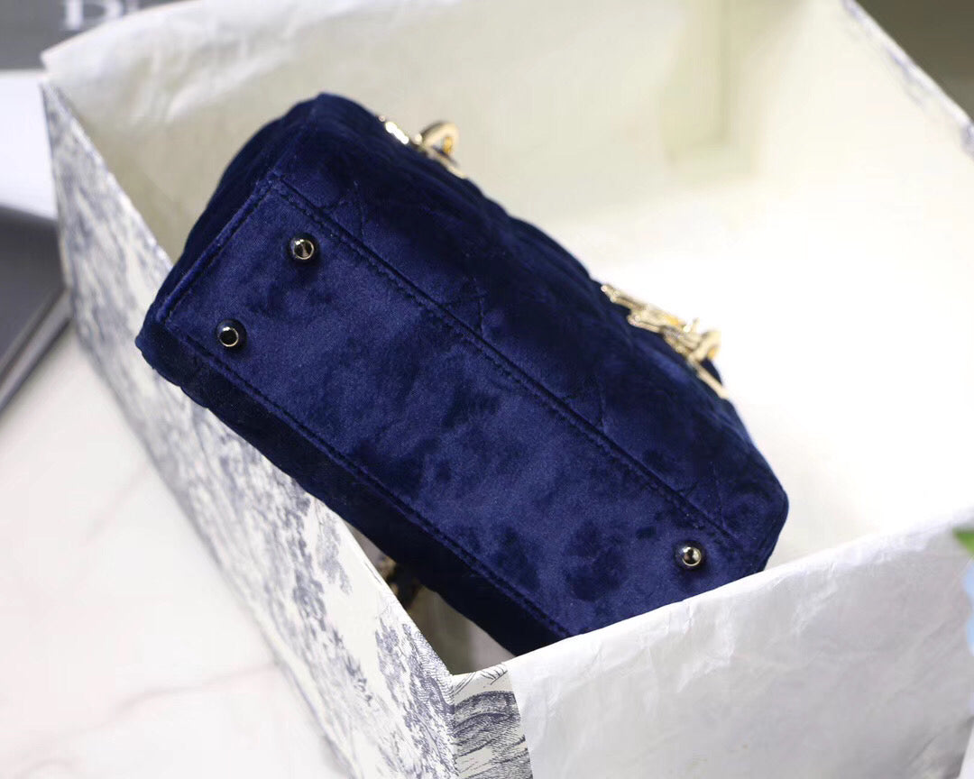 Dior Blue Velvet Mini Lady Dior Bag With Chain