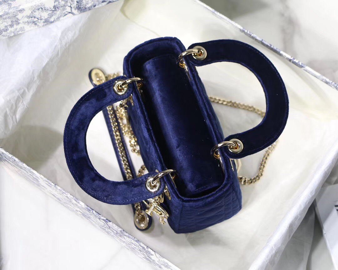 Dior Blue Velvet Mini Lady Dior Bag With Chain