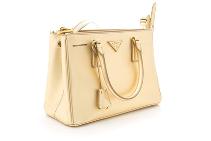 Prada Gold Metallic Saffiano Leather Double Zip Handbag