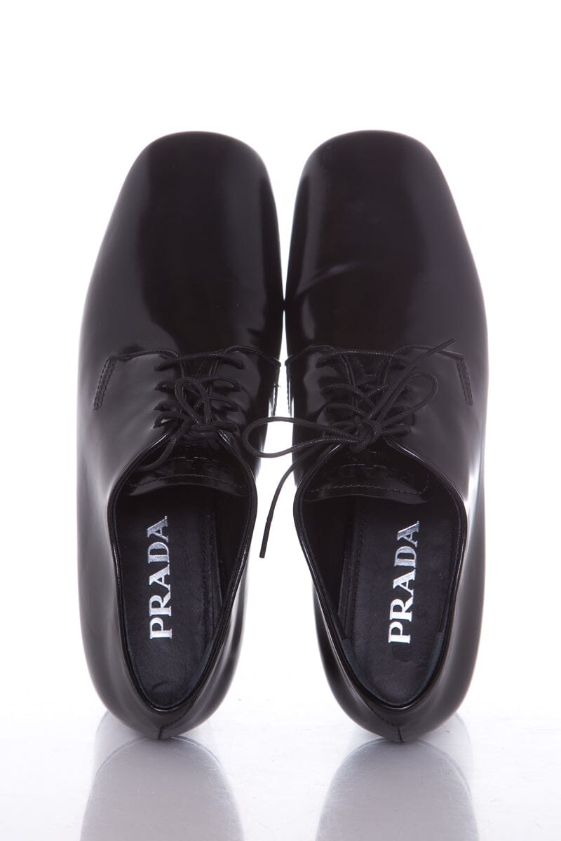 Prada Black Leather Heel Derby Loafers SZ 38.5