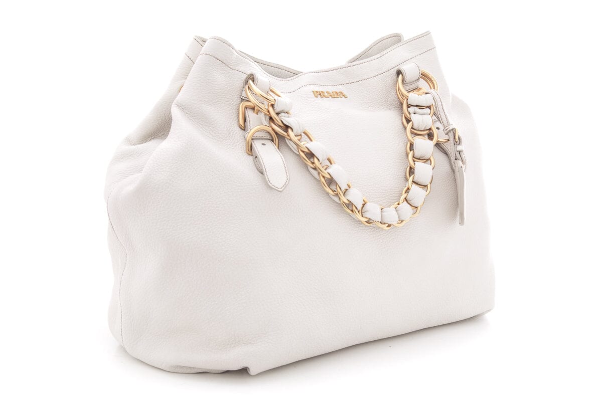 Prada Ivory Leather Gold Chain Hobo Handbag