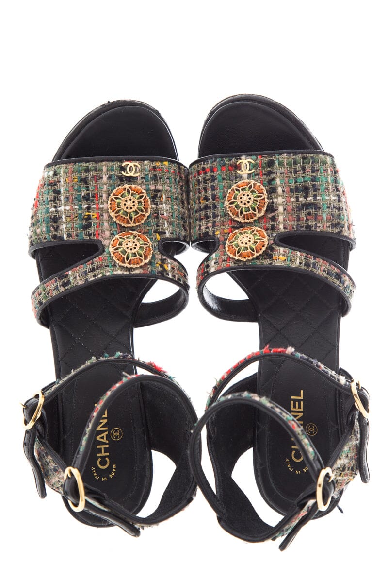 Chanel Multicolor Tweed Sandals SZ 37