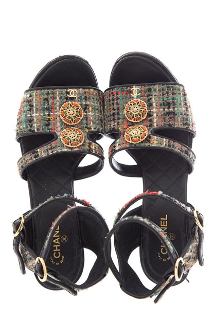 Chanel Multicolor Tweed Sandals SZ 37