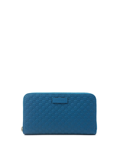 Micro GG Guccissima Zip Around Leather Wallet Blue