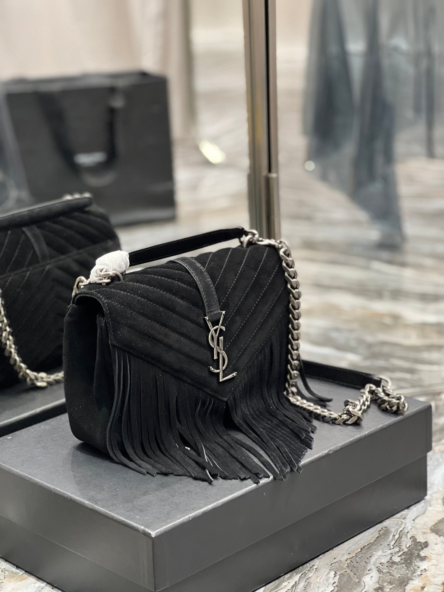 YSL College Medium Chain Bag In Light Suede With Fringes