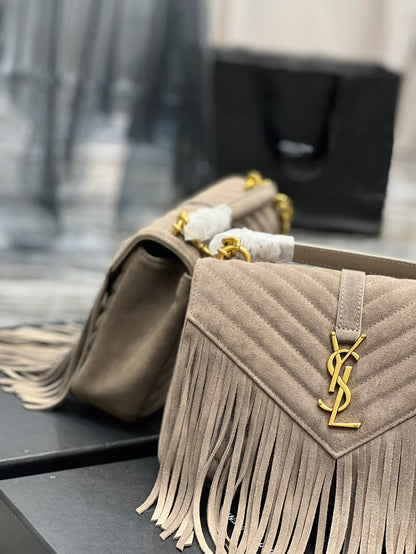 YSL College Medium Chain Bag In Light Suede With Fringes