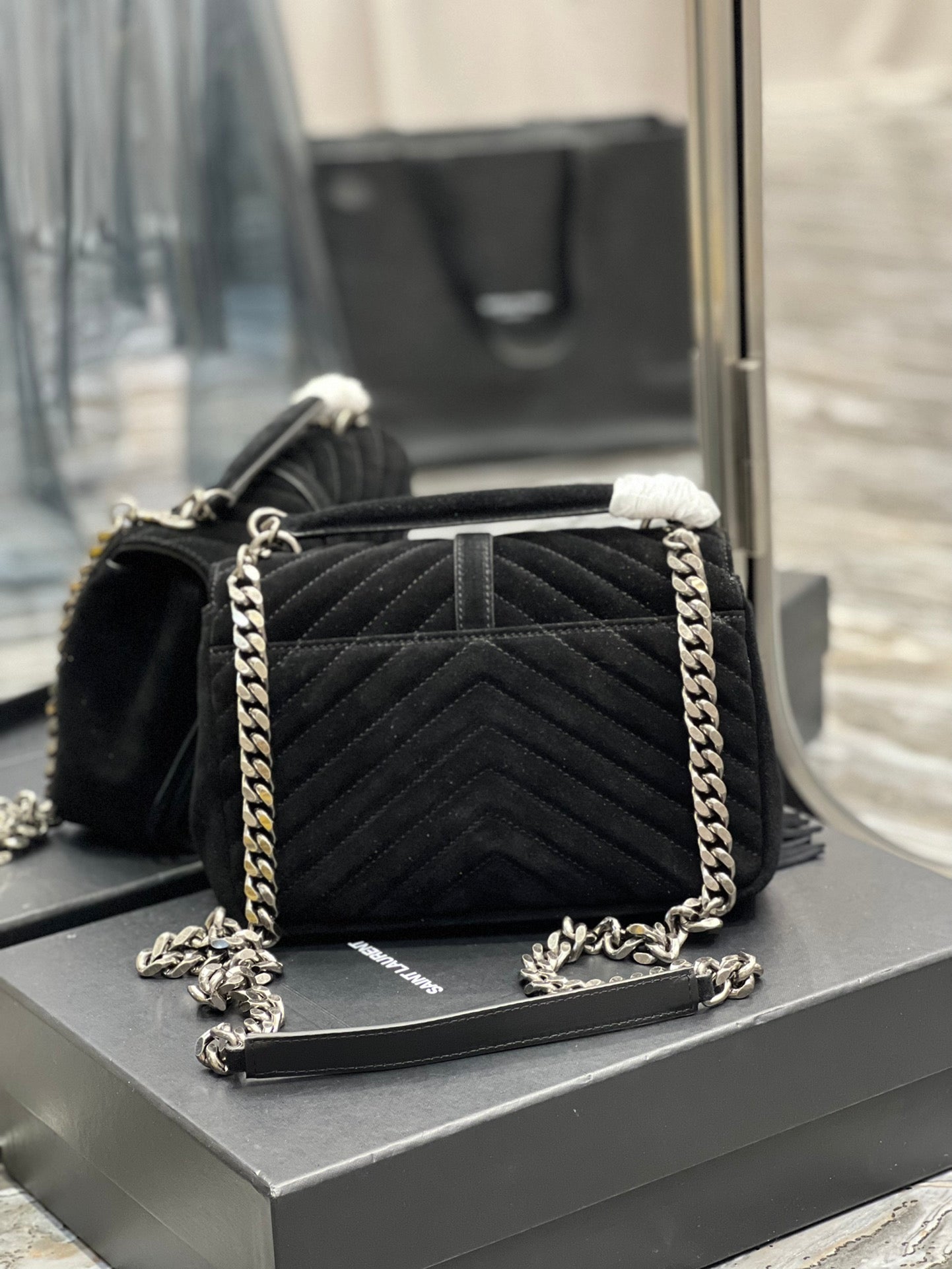 YSL College Medium Chain Bag In Light Suede With Fringes