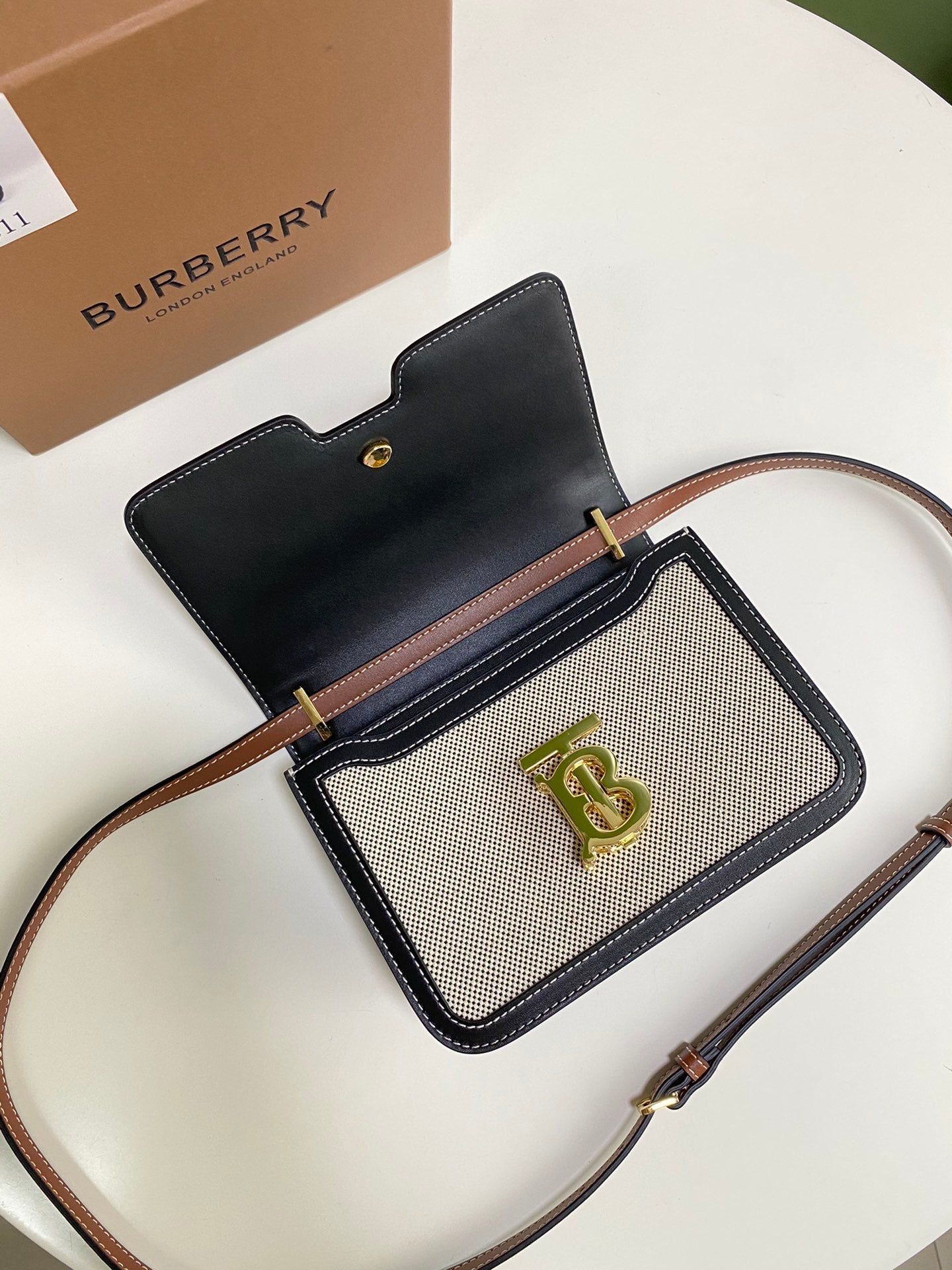 Burberry Small Tri Tone  Canvas Leather TB Bag