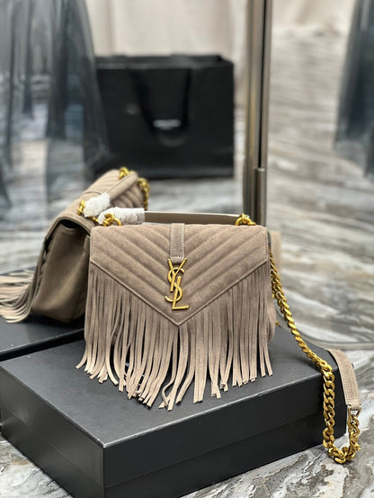 YSL College Medium Chain Bag In Light Suede With Fringes