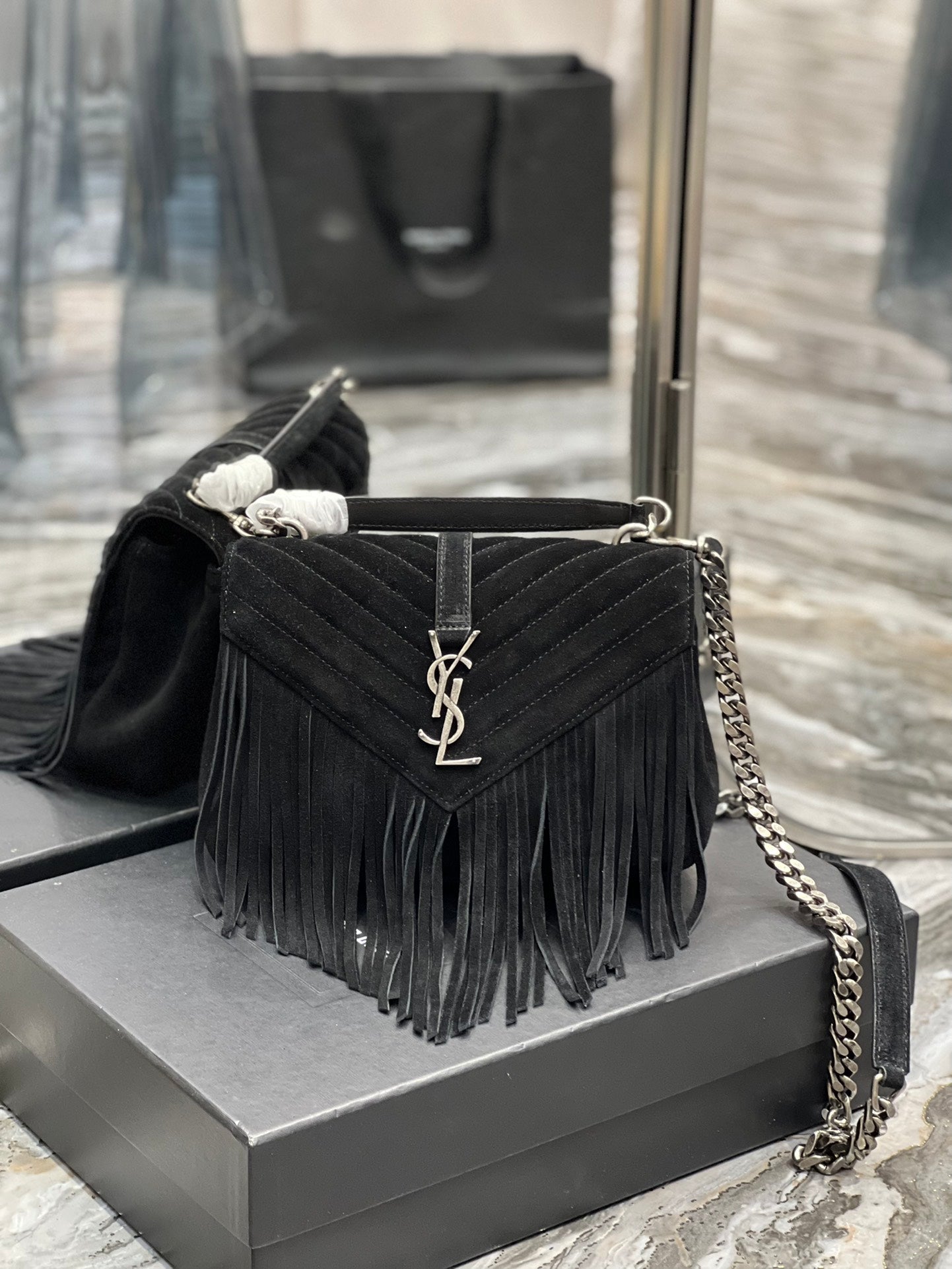 YSL College Medium Chain Bag In Light Suede With Fringes