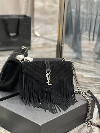 YSL College Medium Chain Bag In Light Suede With Fringes