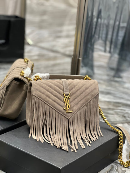 YSL College Medium Chain Bag In Light Suede With Fringes