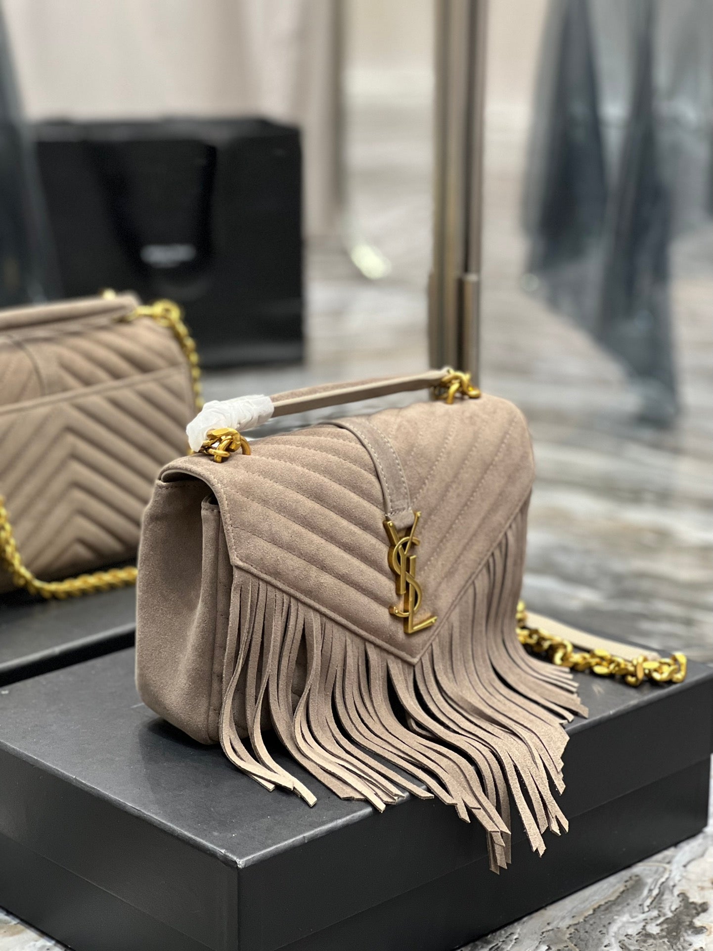 YSL College Medium Chain Bag In Light Suede With Fringes