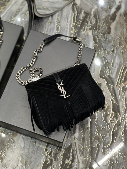 YSL College Medium Chain Bag In Light Suede With Fringes