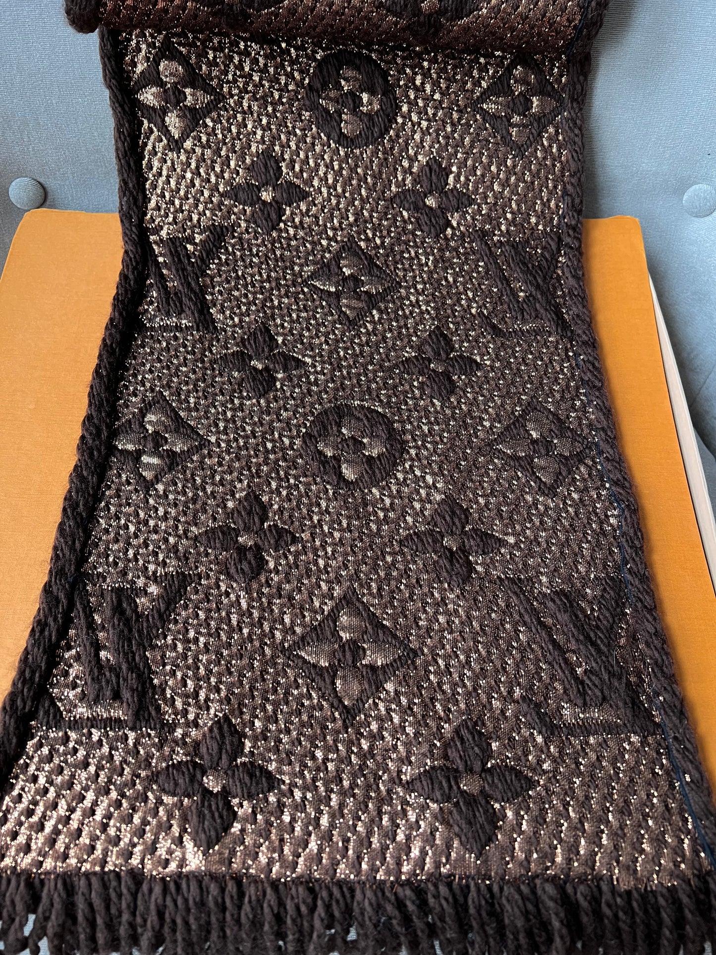 Louis Vuitton Logomania Scarf in Brown and Gold (RRP £335)