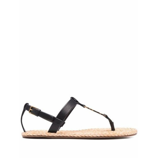 Saint Laurent Women Black Cassandre Smooth Leather Flat Sandals