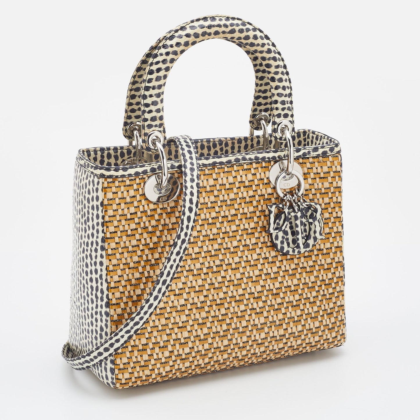 DIOR Beige/Monochrome Woven Straw and Watersnake Medium Lady  Tote