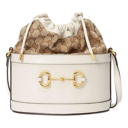 (WMNS) GUCCI Horsebit 1955 Retro Gold buckle Logo Canvas Drawstring Shoulder Messenger Bag White 602118-1DBUG-9095