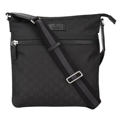 Men's GUCCI Logo Leather Logo Stripe Webbing Shoulder Strap Nylon Shoulder Messenger Bag Black 449184-G1XHN-8615