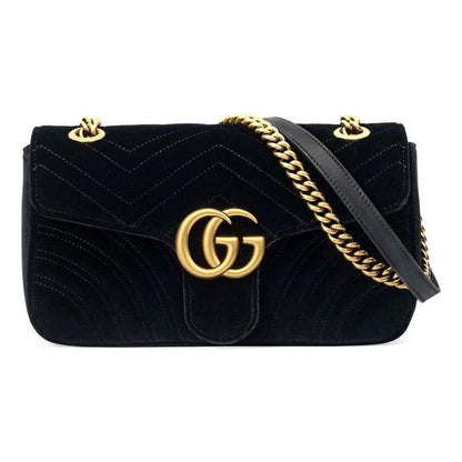 (WMNS) GUCCI GG Marmont Gold Logo Velvet Chain Shoulder Messenger Bag Small Black Classic 443497-K4D2T-1000