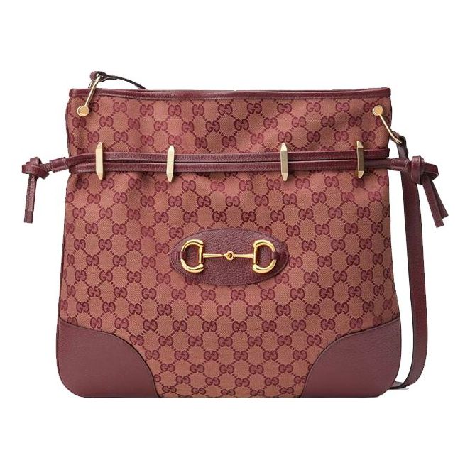 (WMNS) GUCCI Horsebit 1955 Retro Gold buckle Logo Canvas Drawstring Shoulder Messenger Bag Deep Red Classic 602089-9Y9NG-9865