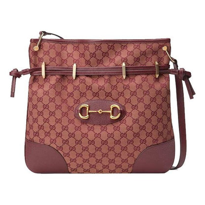 (WMNS) GUCCI Horsebit 1955 Retro Gold buckle Logo Canvas Drawstring Shoulder Messenger Bag Deep Red Classic 602089-9Y9NG-9865