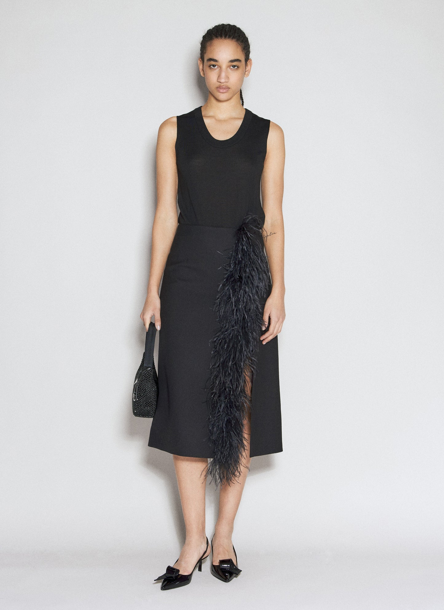 Prada Women Feather-Trimmed Wool Midi Skirt