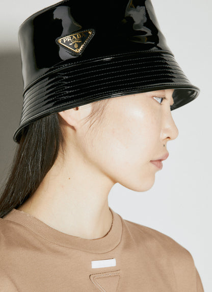 Prada Women Logo Plaque Patent Leather Bucket Hat