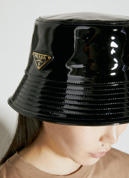 Prada Women Logo Plaque Patent Leather Bucket Hat