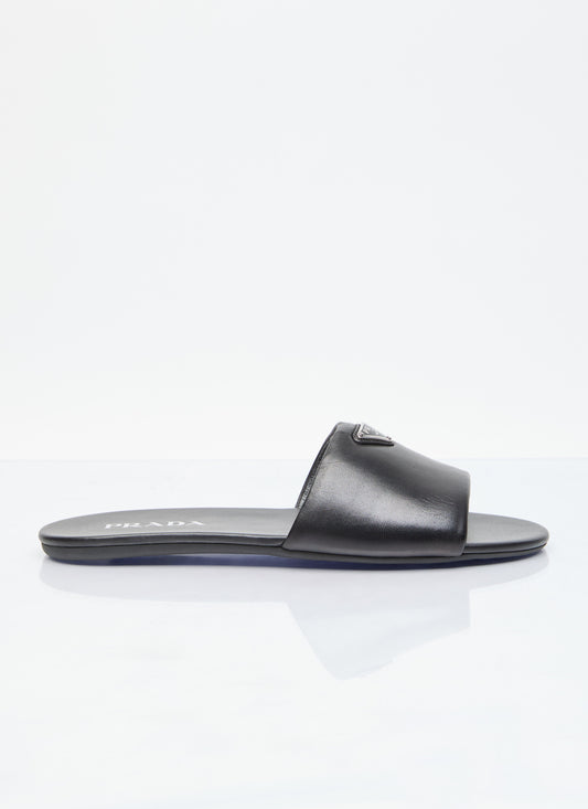 Prada Women Logo Plaque Leather Slides