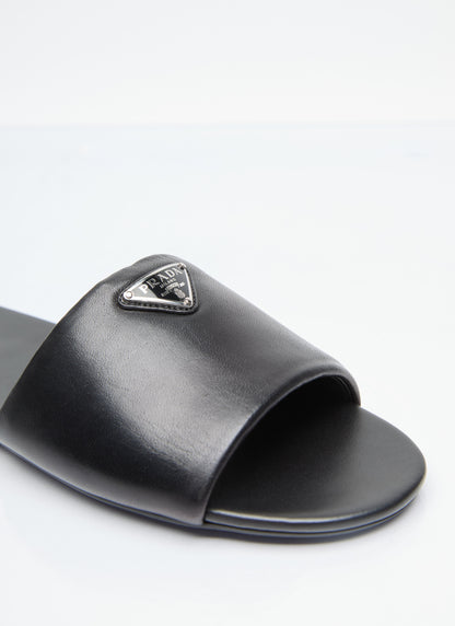 Prada Women Logo Plaque Leather Slides