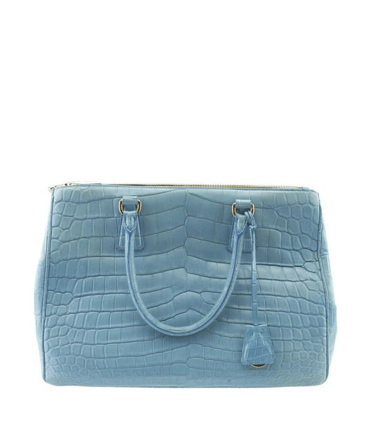 Prada Double Lux Medium Zip Crocodile Blue Leather Tote