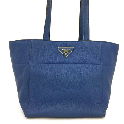 PRADA Logo Plate Blue Leather Tote Bag